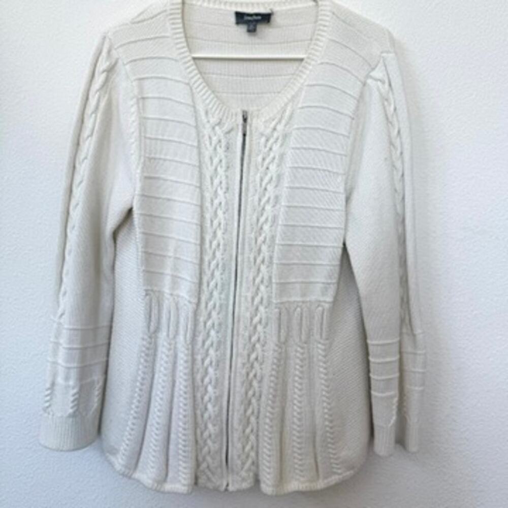 NEIMAN MARCUS Zip Cardigan Sweater White XL Cotton Rayon Cable Knit Elegant